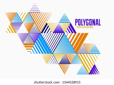 Abstract polygonal background with stripy triangles and 3D cubes vector design. Template for different advertising or covers or banners. Retro style graphic element.