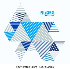 Abstract polygonal background with stripy triangles and 3D cubes vector design. Template for different advertising or covers or banners. Retro style graphic element.