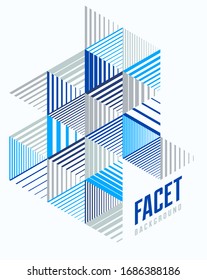 Abstrakter polygonaler Hintergrund mit gestreiften Dreiecken und 3D-Würfeln Vektorillustration Design. Vorlage für verschiedene Werbung oder Cover oder Banner. Grafikelement im Retro-Stil.