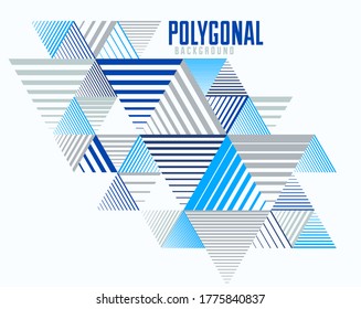Abstract polygonal background with stripy triangles and 3D cubes vector design. Template for different advertising or covers or banners. Retro style graphic element.