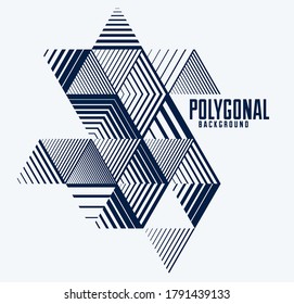 Abstract polygonal background with stripy triangles and 3D cubes vector design. Template for different advertising or covers or banners. Retro style graphic element.