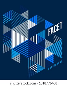 Abstract polygonal background with stripy triangles and 3D cubes vector design. Template for different advertising or covers or banners. Retro style graphic element.