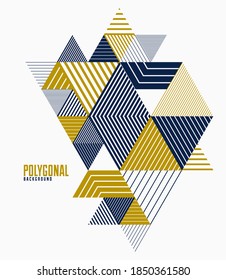 Abstract polygonal background with stripy triangles and 3D cubes vector design. Template for different advertising or covers or banners. Retro style graphic element.
