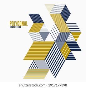 Abstract polygonal background with stripy triangles and 3D cubes vector design. Template for different advertising or covers or banners. Retro style graphic element.