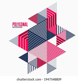 Abstract polygonal background with stripy triangles and 3D cubes vector design. Template for different advertising or covers or banners. Retro style graphic element.
