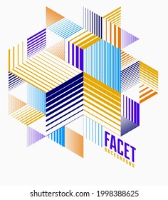 Abstract polygonal background with stripy triangles and 3D cubes vector design. Template for different advertising or covers or banners. Retro style graphic element.
