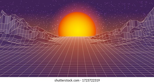 Abstrakter, polygonaler Hintergrund - Sonnenuntergang. 3D Landschaft mit Sonne. Grimme Berge mit Sternen am Himmel. Futuristische Science-Fiction oder alte Spielweise. Banner, Poster, Cover für Retro-Stil. Vektorgrafik.