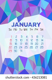 Abstract polygonal background with triangular ornament in blue and dates of winter month January 2017. Vector illustration