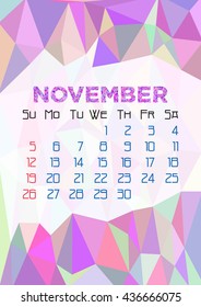 Abstract polygonal background with triangular ornament in lilac and dates of autumn month November 2017. Vector illustration