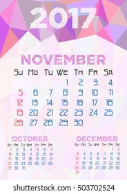 Abstract polygonal background with triangular ornament in violet and dates of autumn month November 2017. Week starts from Sunday. Vector illustration