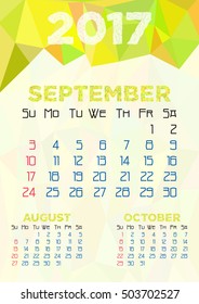 Abstract polygonal background with triangular ornament in violet and dates of autumn month September 2017. Week starts from Sunday. Vector illustration