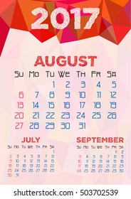 Abstract polygonal background with triangular ornament in red and dates of summer month August 2017. Week starts from Sunday. Vector illustration