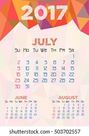 Abstract polygonal background with triangular ornament in orange and dates of summer month July 2017. Week starts from Sunday. Vector illustration