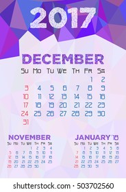 Abstract polygonal background with triangular ornament in blue and dates of winter month December 2017. Week starts from Sunday. Vector illustration
