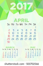 Abstract polygonal background with triangular ornament in green and dates of spring month April 2017. Week starts from Sunday. Vector illustration