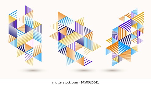 Abstract polygonal backgrounds with stripy triangles and 3D cubes vector designs set. Templates for different advertising or covers or banners. Retro style graphic elements.