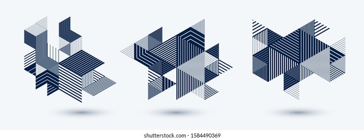 Abstract polygonal backgrounds with stripy triangles and 3D cubes vector designs set. Templates for different advertising or covers or banners. Retro style graphic elements.