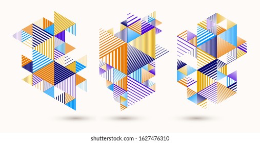 Abstract polygonal backgrounds with stripy triangles and 3D cubes vector designs set. Templates for different advertising or covers or banners. Retro style graphic elements.