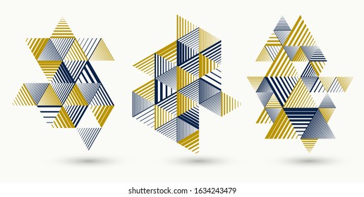 Abstract polygonal backgrounds with stripy triangles and 3D cubes vector designs set. Templates for different advertising or covers or banners. Retro style graphic elements.