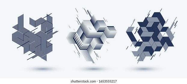 Abstract polygonal backgrounds with stripy triangles and 3D cubes vector designs set. Templates for different advertising or covers or banners. Retro style graphic elements.