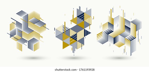 Abstract polygonal backgrounds with stripy triangles and 3D cubes vector designs set. Templates for different advertising or covers or banners. Retro style graphic elements.