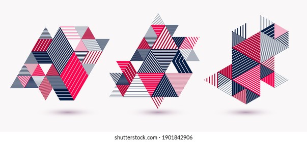 Abstract polygonal backgrounds with stripy triangles and 3D cubes vector designs set. Templates for different advertising or covers or banners. Retro style graphic elements.