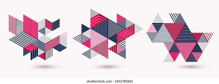 Abstract polygonal backgrounds with stripy triangles and 3D cubes vector designs set. Templates for different advertising or covers or banners. Retro style graphic elements.