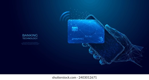 Abstrakte polygonale Bankkarte auf einem Telefon. Online-Zahlung und Banking. Digitale Geldbörse in Blau. Technologie- und Finanzierungskonzepte. Pay-Technologie-Hintergrund. Futuristische Low-Poly-Vektorgrafik.