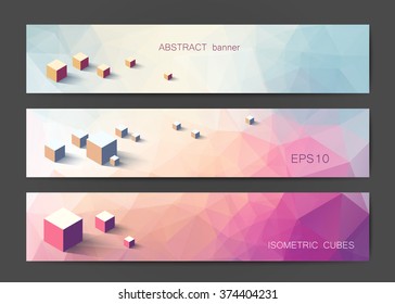 Abstract polygonal banner templates with isometric cubes