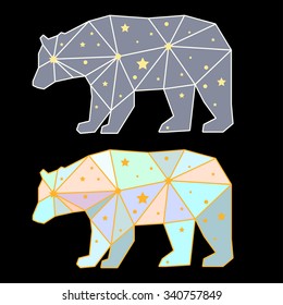Abstract polygonal bear isolated on black background. Side view. Futuristic cover painted in imaginary colors for use in design for card, invitation, poster, placard, banner