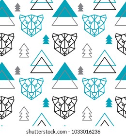 Abstract polygonal bear, mountain and forest seamless pattern background. Geometric scandinavian style. 