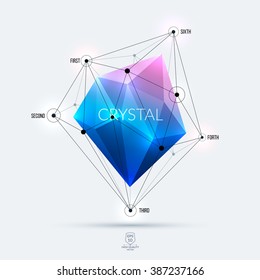 diamante azul policonal abstracto, brillante o piedra con bordes, líneas y redondeos con comunicación y concepto de sistema. Ilustración vectorial. 