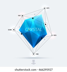 Abstract polygonal blue diamond, brilliant or stone with edges, lines and rounds with communication and system concept. Vector illustration.