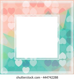 Abstract polygonal border with blue and pink hearts.