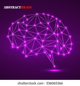 Abstract polygonal brain with glowing dots and lines, network connections. Vector illustration. Eps 10
