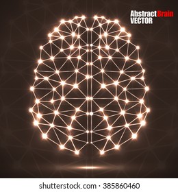 Abstract polygonal brain with glowing dots and lines, network connections. Vector illustration. Eps 10