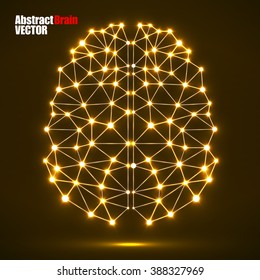 Abstract polygonal brain with glowing dots and lines, network connections. Vector illustration. Eps 10