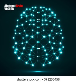 Abstract polygonal brain with glowing dots and lines, network connections. Vector illustration. Eps 10