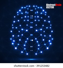 Abstract polygonal brain with glowing dots and lines, network connections. Vector illustration. Eps 10