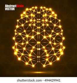 Abstract polygonal brain with glowing dots and lines, network connections