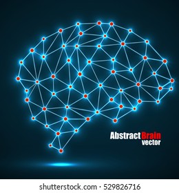 Abstract polygonal brain with glowing dots and lines, network connections. Vector illustration. Eps 10