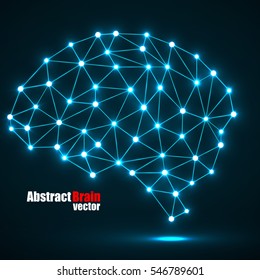 Abstract polygonal brain with glowing dots and lines, network connections. Vector illustration. Eps 10