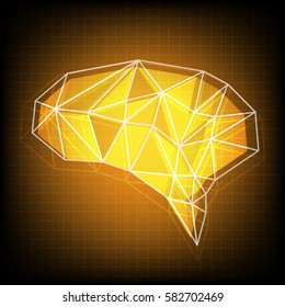 Abstract polygonal brain with glowing dots and lines, network connections. Vector illustration