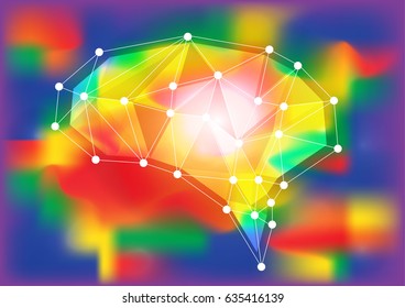 Abstract polygonal brain with glowing dots and lines, network connections. Vector illustration