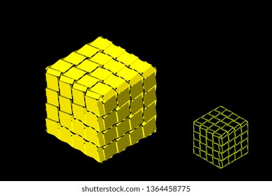 Abstract polygonal broken cube. Isolated on black background. 3d Vector illustration. Isometric projection.