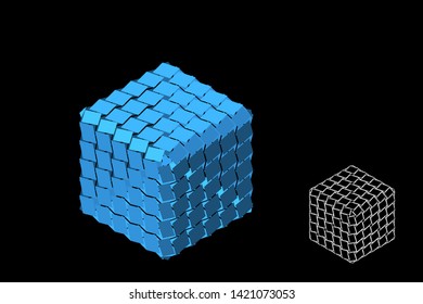 Abstract polygonal broken cube. Isolated on black background. 3d Vector illustration. Isometric projection.