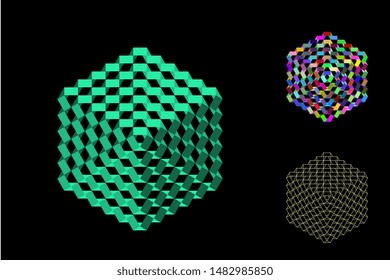 Abstract polygonal broken cube set. Isolated on black background. 3d Vector illustration. Isometric projection.