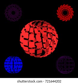 Abstract polygonal broken sphere set.Isolated on black background.3d Vector illustration.