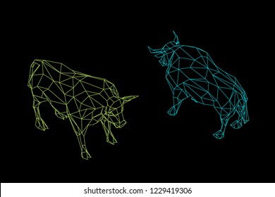 Abstract polygonal bull. Isolated on black background. Vector outline illustration. Isometric projection. Different viewes.