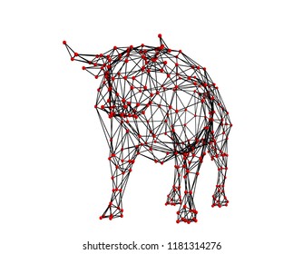 Abstract polygonal bull. Molecular lattice. Isolated on white background. 3d Vector illustration. Front view.